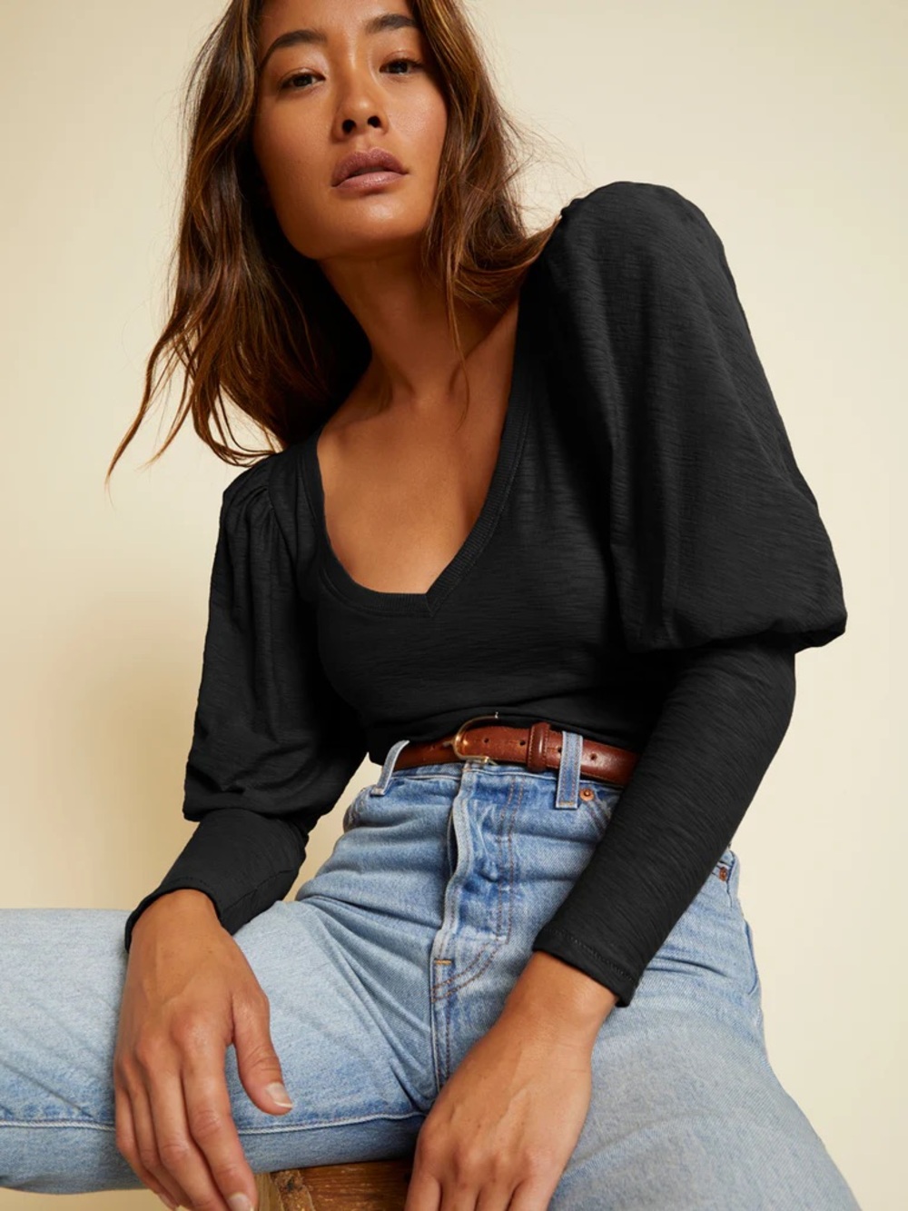 NWOT Nation LTD Emilia Black V-Neck Puff-Sleeve Long Sleeve Top